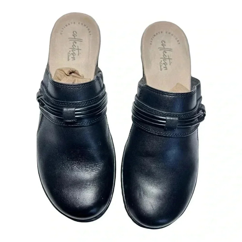 Clarks Women’s Black Leather Casual Slip On Mule Size 7 Preowned - Picture 3 of 12